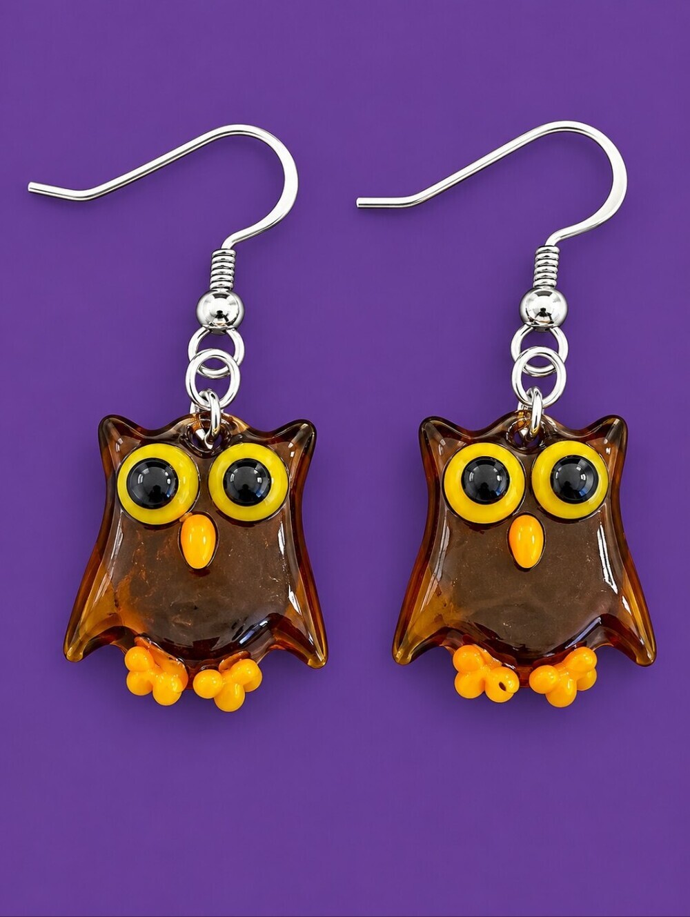 3/$30 Whimsical Brown Glass Hoot Owl Fairycore Dangle Hook Earrings